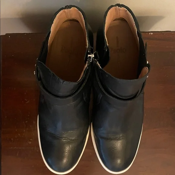 L. Paola Black Leather Wedge Ankle Boots - Picture 3 of 9